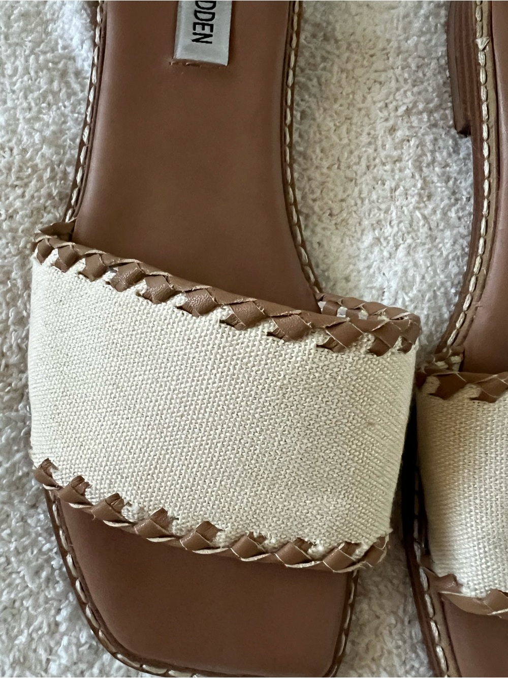 Steve Madden Tan Leather & Cream Canvas Slide Sandals - Picture 2 of 4